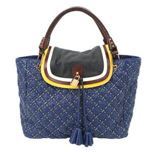 Marc Jacobs Navy Blue Leather Quilted Woven Mackenzie Flap Tote Bag Purse